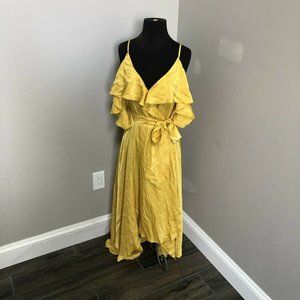 Lulu’s Moriah Mustard Yellow Ruffled Top Satin Wrap Maxi Dress size XL